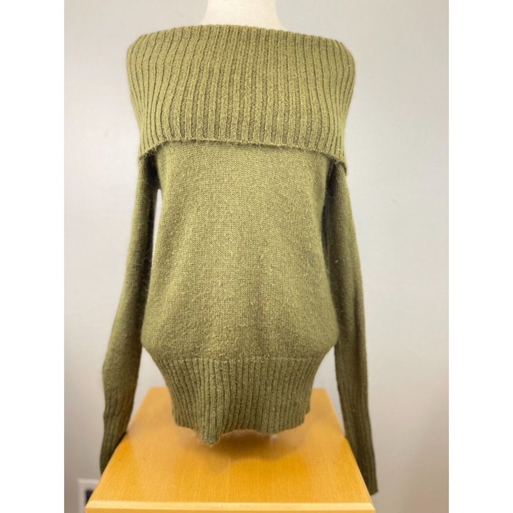 Women's J.Crew Medium Wool Blend Cowl Neck Sweater Knit Green Solid L/S Ribbing